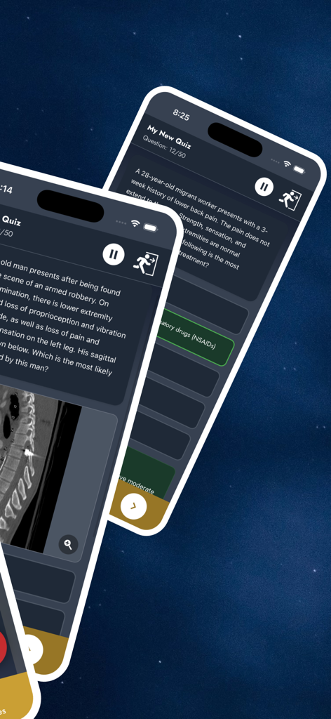NowYouKnowMed - NowYouKnowMed mobile app interface showing board style medical questions and clinical imaging on iPhones