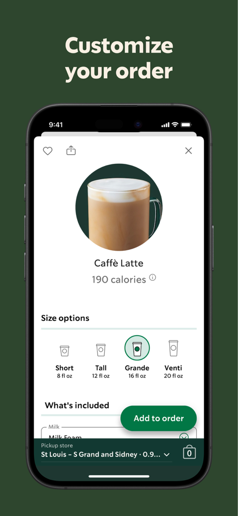 Starbucks app interface showing customization options for a Caffe Latte including size selection and calorie count.