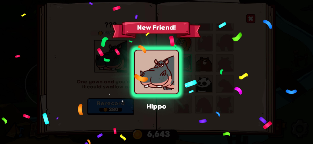 A cartoon hippo unlocked as a new friend in the MyVoiceZoo mobile game with colorful confetti.