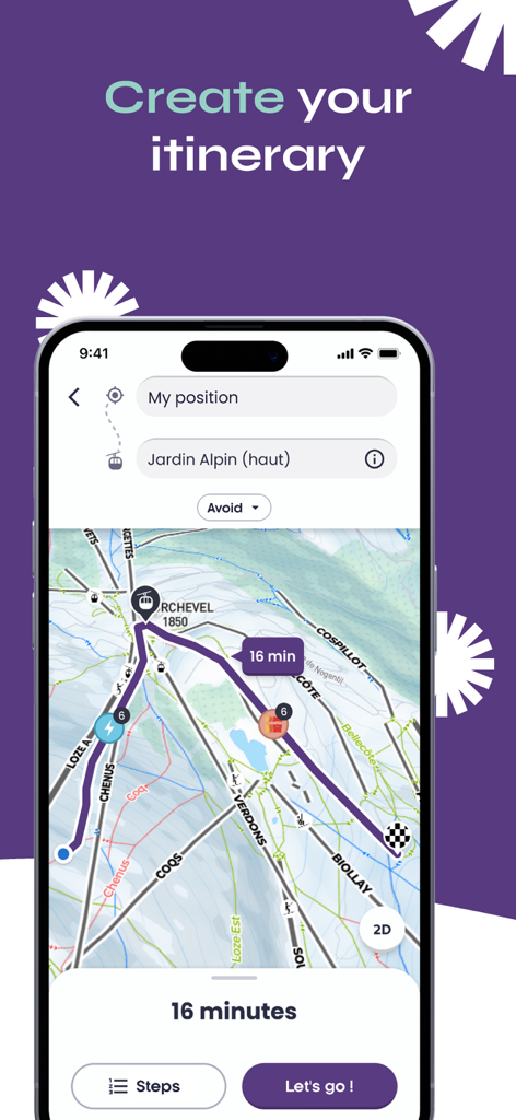 Skiif app interface showing a 16 minute ski itinerary on a resort map