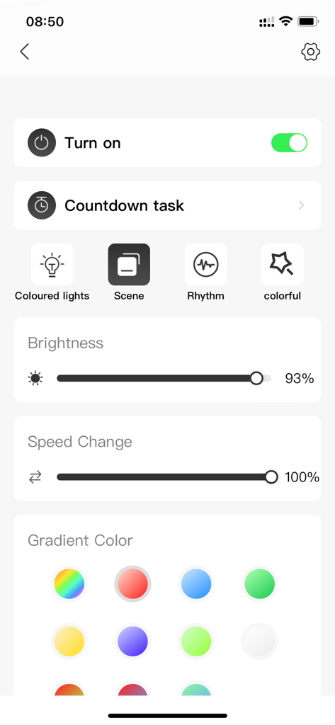 Lynck - Lynck app interface for adjusting RGB lighting brightness speed and color gradients for GTRACING chairs