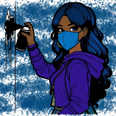 realistic girl with mask spray painting a wall