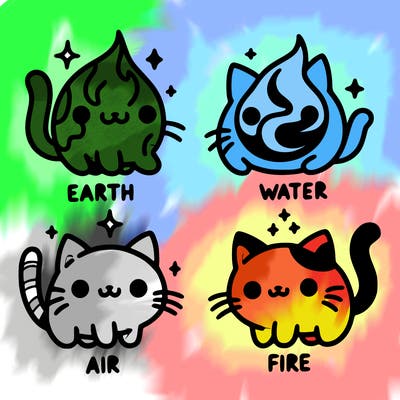 4 cats that represent the different elements, earth, water, air, and fire