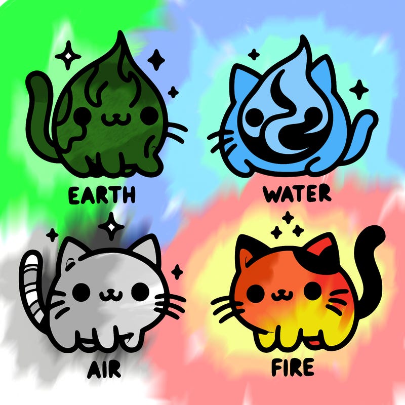 4 cats that represent the different elements, earth, water, air, and fire