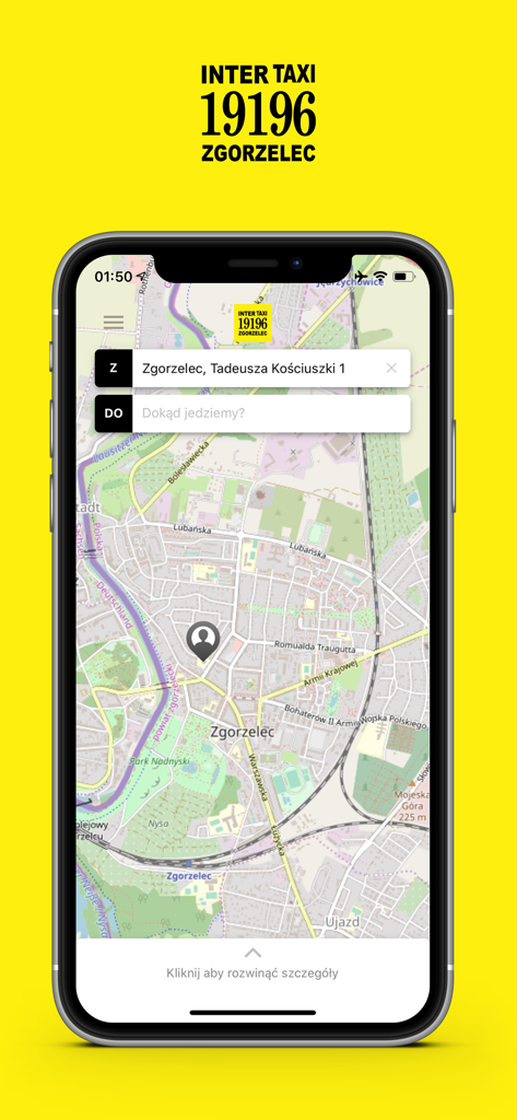 Taxi Zgorzelec - Smartphone screen showing the Taxi Zgorzelec app map interface with address input fields for ordering a taxi.