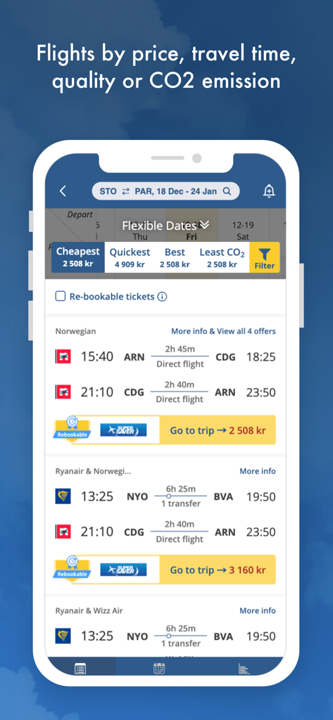 Flight search results on Flygresor app showing price and carbon emission filters for international travel.