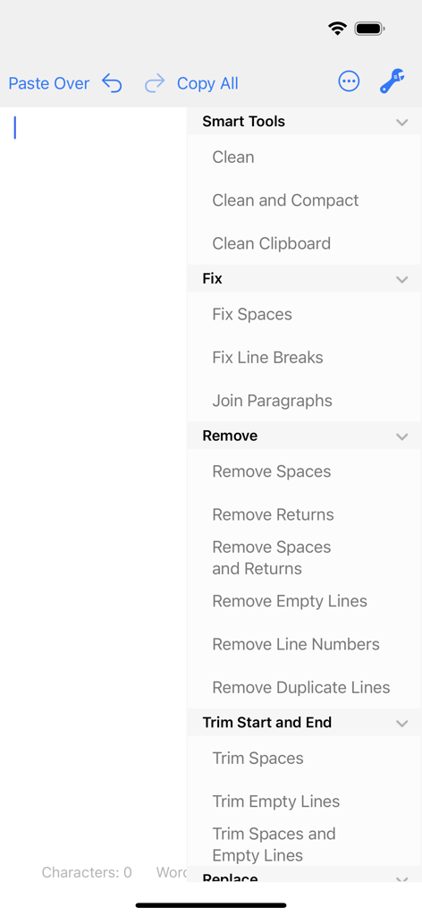 Interface of the Clean Text app showing text formatting and cleaning features like smart clean and remove empty lines