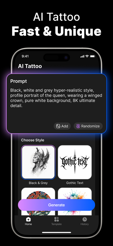 ArtReel: AI Tattoo Design - ArtReel app interface for creating custom tattoos with AI prompts and styles