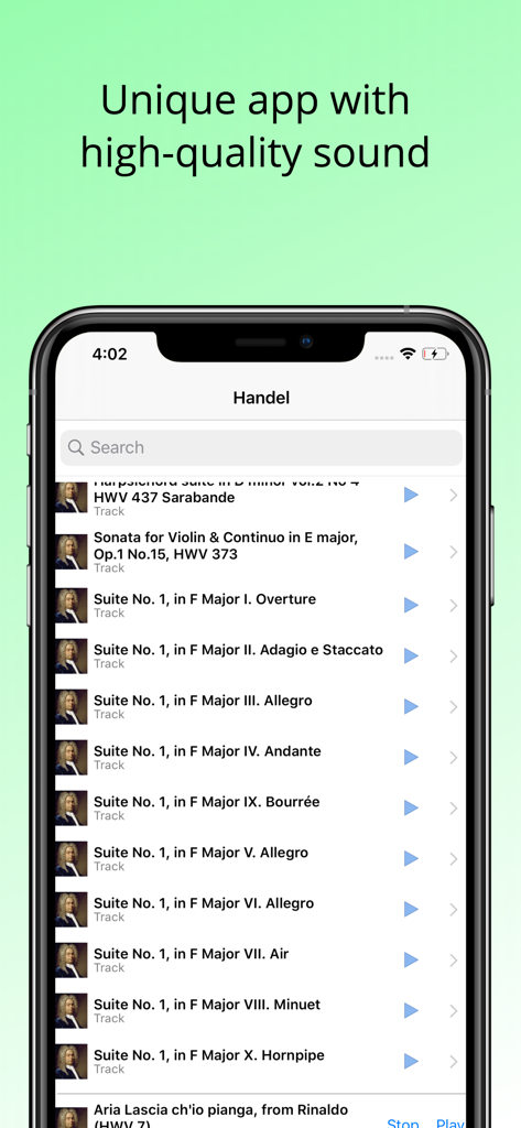 Tracklist interface of the Handel music app showing various classical suites
