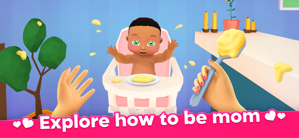 First person view of feeding a virtual baby in the Mother Life and Baby Simulator game