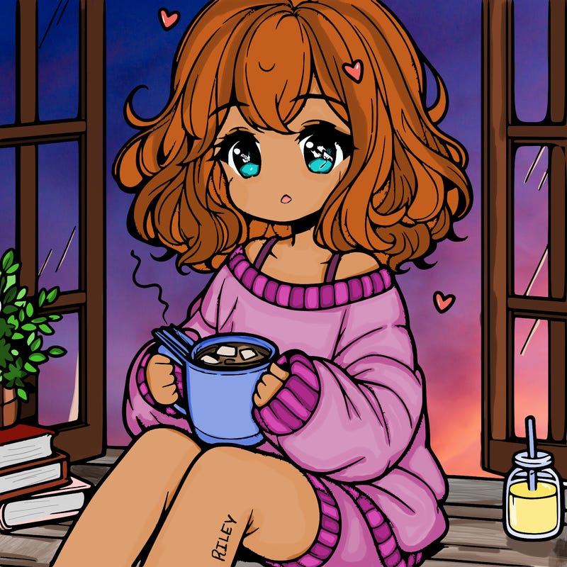 cute anime girl reading book and drinking hot chocolate from mug with loose wavy hair wearing a baggy sweatshirt and shorts sitting by windowsill looking out