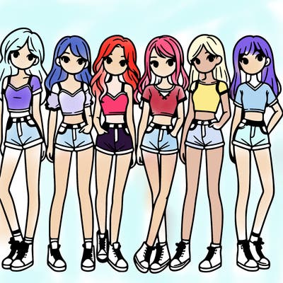 a group of girls wearing crop tops and shorts
