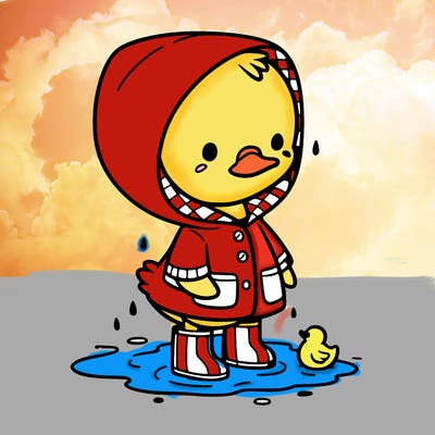 baby duck in a rain coat and boots, in a puddle while it’s raining