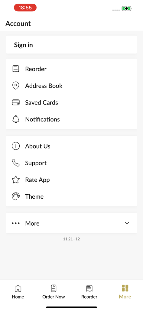 Account screen of the Troy Kebab mobile app showing sign in reorder and settings options