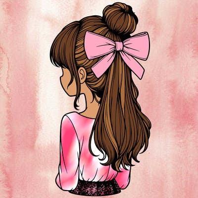 realistic girl  with hip length hair a bun and a big bow on the back of head