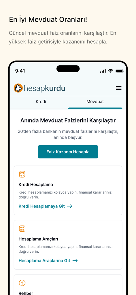 Hesapkurdu - Kıyasla, Yakala! - Mobile app interface of Hesapkurdu showing deposit interest rate comparison and financial calculation tools