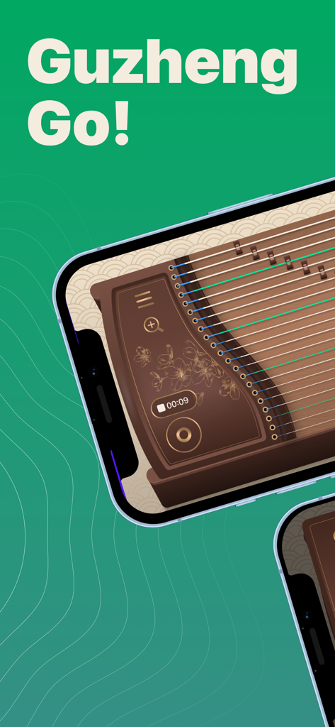 古筝 - Guzheng Go: Pro Simulator - Guzheng Go! app interface showing a virtual Chinese guzheng instrument on a smartphone screen.