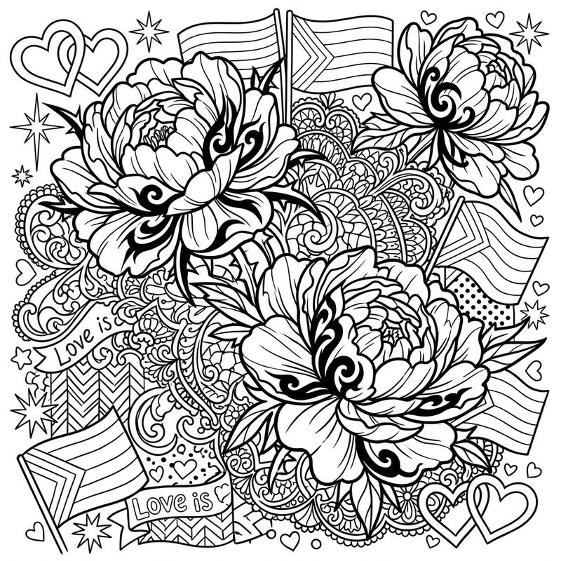 Discover a captivating coloring page where the dramatic elegance of Gothic art meets the vibrant spirit of Pride, featuring exquisite red peonies. This intricate design invites you to express your creativity and celebrate diversity through color.