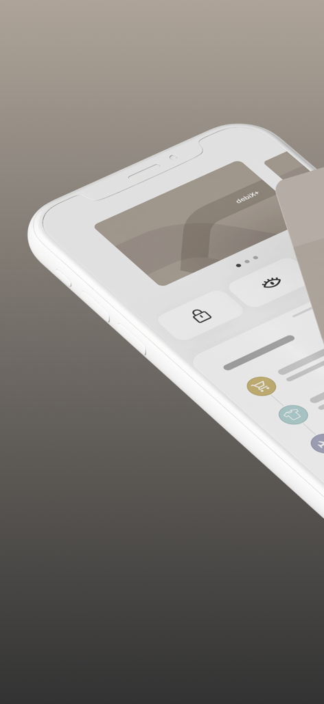 debiX plus mobile App-Oberfläche auf einem Smartphone, die digitale Kartensicherheit und Transaktionsverlauf zeigt