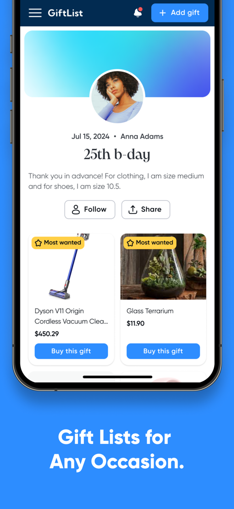 GiftList – Wishlist & Registry - Mobile app interface of GiftList showing a user birthday wishlist with a Dyson vacuum and a glass terrarium marked as most wanted.