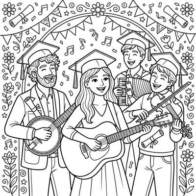 Celebrate a joyful milestone with this unique coloring page featuring folk musicians on their graduation day. Adorned with caps and diplomas, they fill the air with music and happiness, ready for you to bring to life with color.