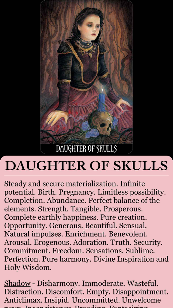 Gothic illustration and detailed meaning of the Daughter of Skulls tarot card