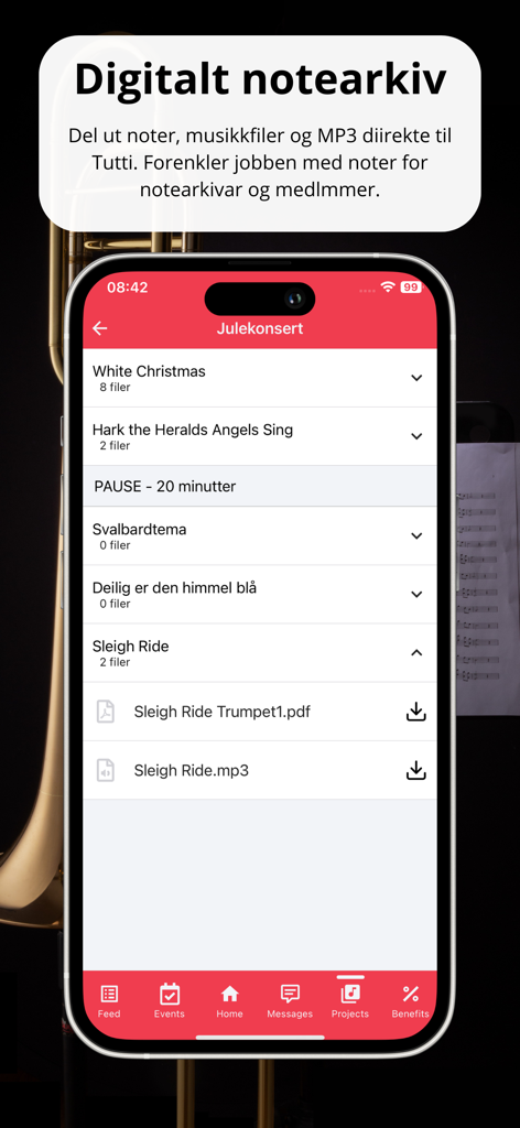 Tuttiモバイルアプリに、クリスマスコンサート用のデジタル楽譜アーカイブが表示され、ダウンロード可能なPDFとMP3ファイルがある