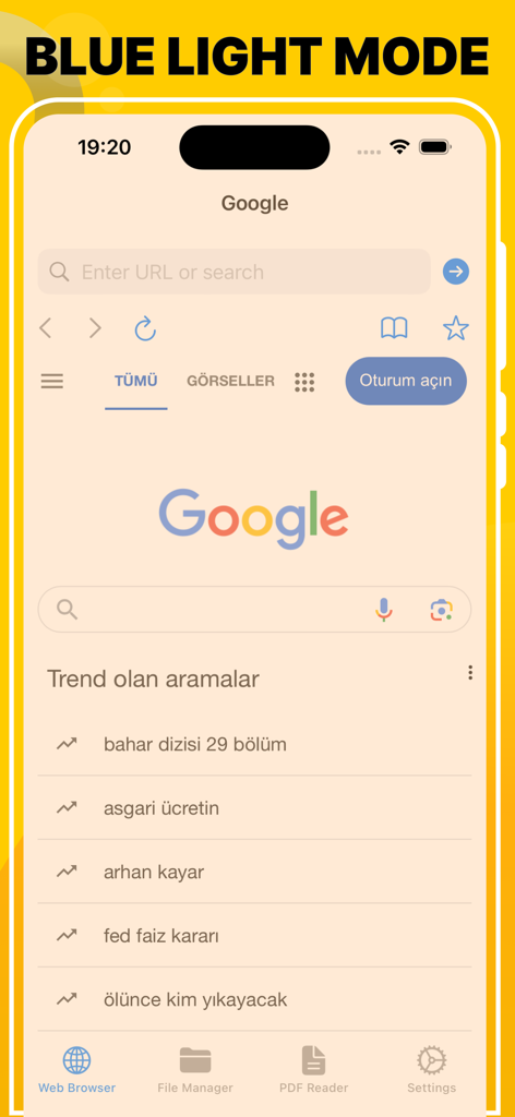 Blue Light Filter - Dark Mode - Interfaz de la aplicación Filtro de Luz Azul que muestra un navegador web con un tinte de pantalla cálido para reducir la fatiga visual.