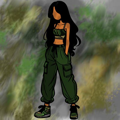 girl in baggy pants crop top and long hair
