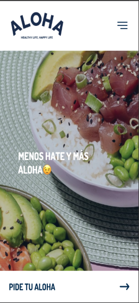 Pantalla de inicio de la aplicación móvil Aloha Poke que muestra un bol de poké fresco con atún y aguacate