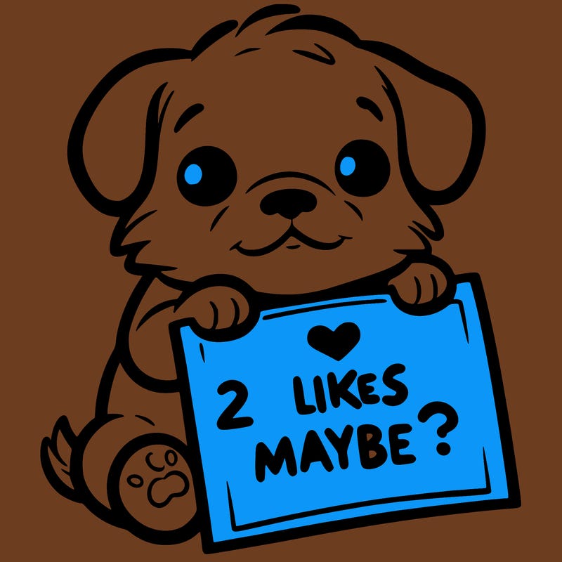 a puppy holding a sign that says 2 likes maybe?
