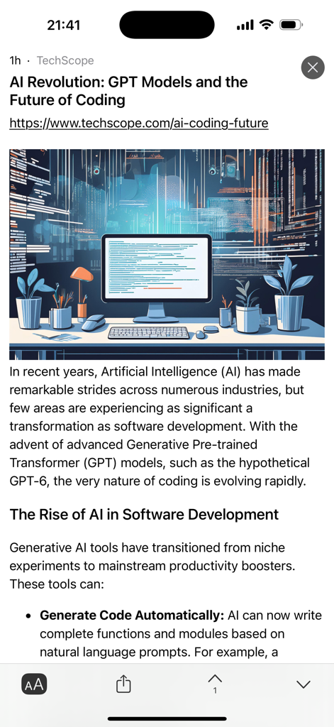 Una captura de pantalla de la aplicación RSS Mobile mostrando una vista de artículo simplificada de una noticia de tecnología sobre IA y modelos GPT.