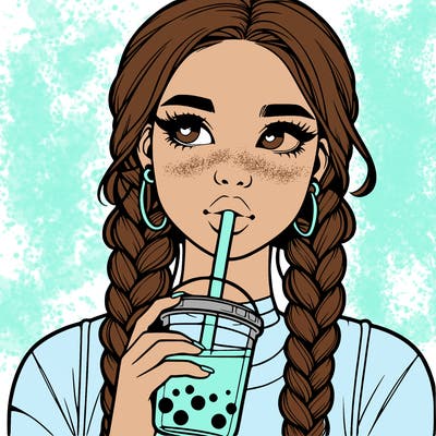 realistic girl with braided hair drinking boba