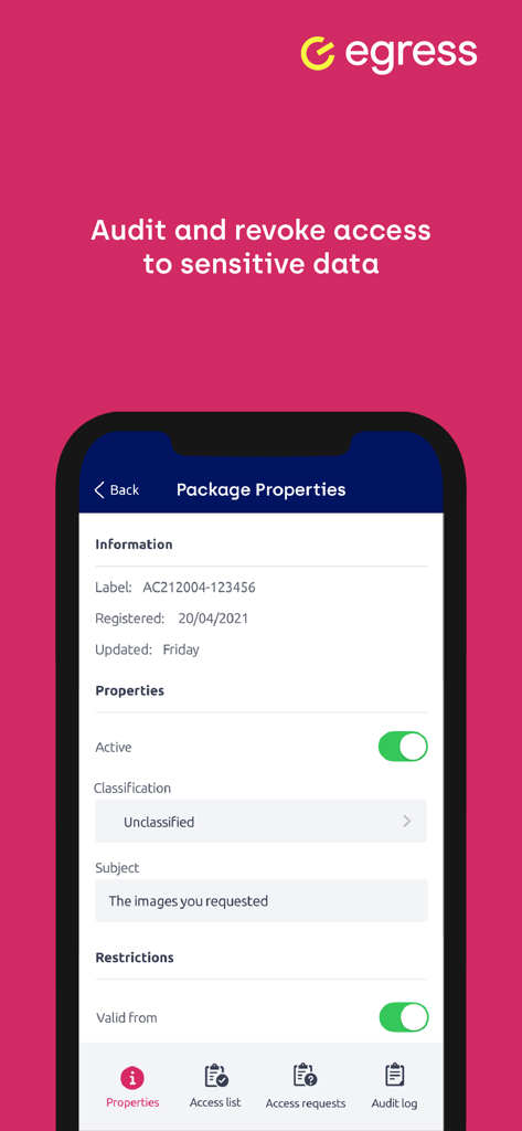 Egress Secure Mail app interface for auditing and revoking access to sensitive data