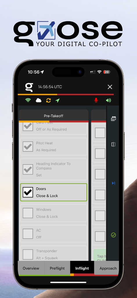 Goose, Your Digital Co-Pilot - Pantalla de iPhone que muestra la aplicación Goose digital co-pilot con una lista de verificación de pre-despegue