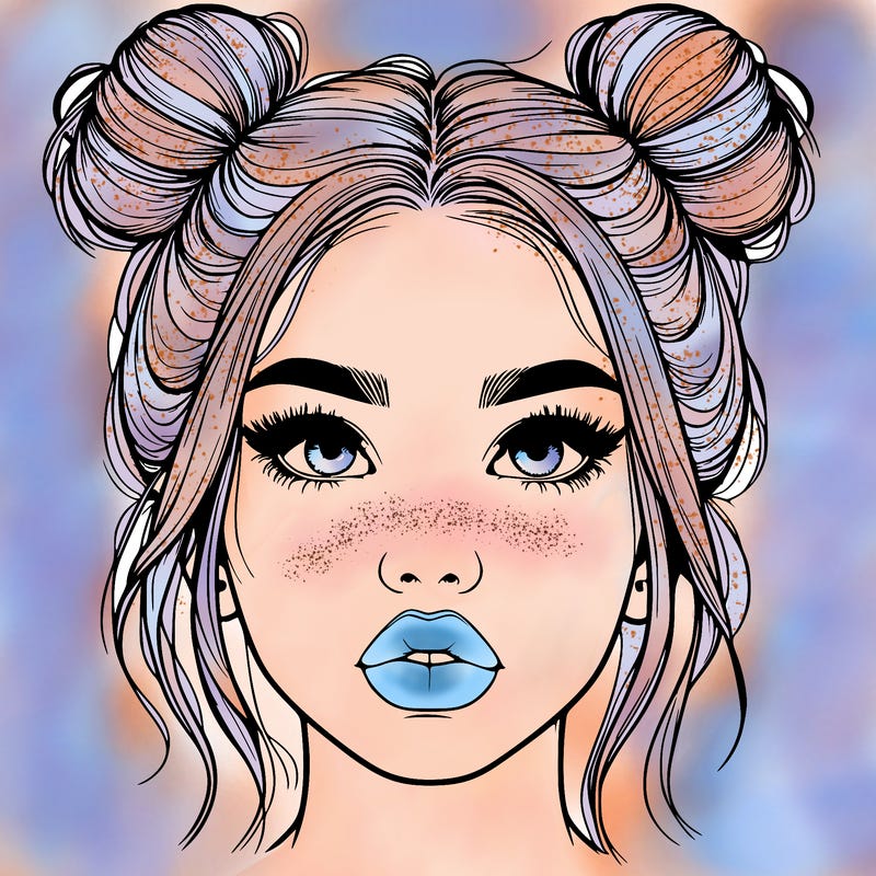 realistic girl with two buns on her hair and lips