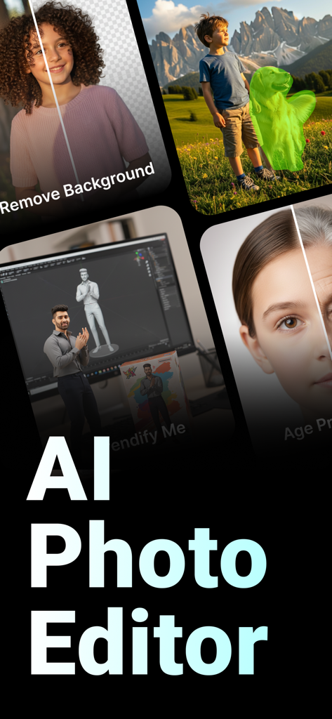 PaintIt AI: AI Image Generator - Interfaz de la aplicación móvil PaintIt AI destacando funciones de edición de fotos como eliminación de fondos y progresión de edad