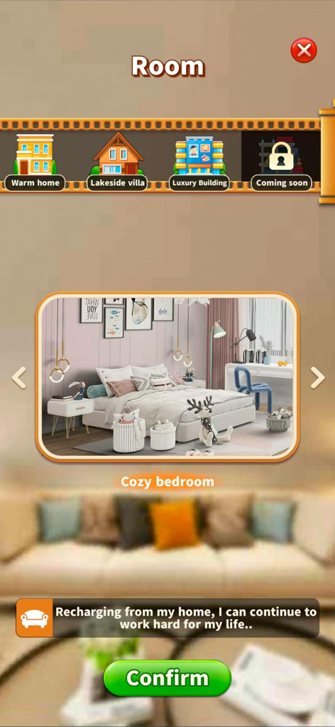 Merge Designer - Decor & Story - Mobile game screen showing the room selection menu with a cozy bedroom design preview and various home options