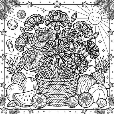 Celebrate the joy of summer with this intricate coloring page featuring a beautiful bouquet of striped carnations. Immerse yourself in a festive scene surrounded by tropical fruits and sunny beach elements, ready for your creative touch.