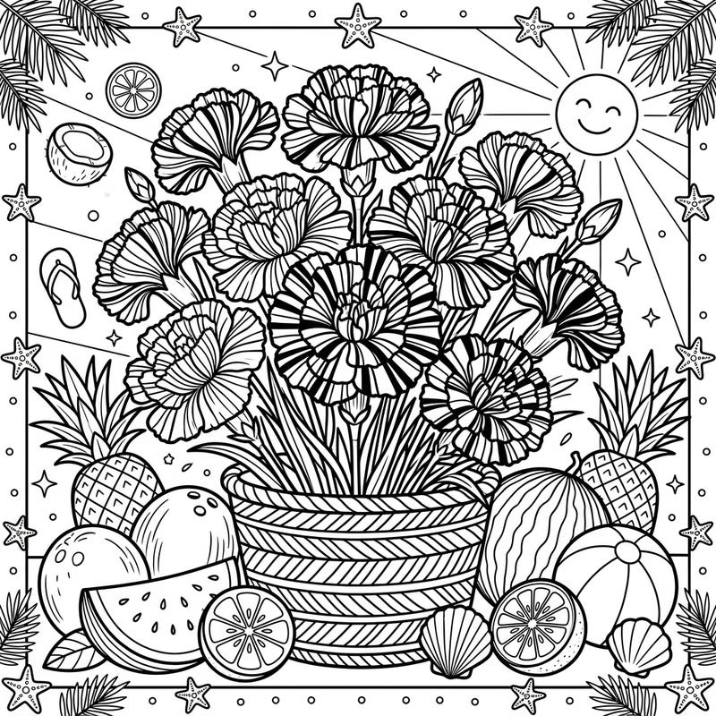 Celebrate the joy of summer with this intricate coloring page featuring a beautiful bouquet of striped carnations. Immerse yourself in a festive scene surrounded by tropical fruits and sunny beach elements, ready for your creative touch.