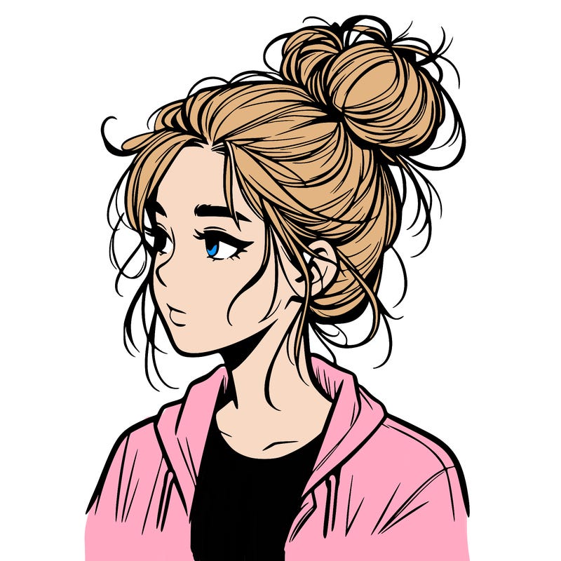 realistic teenage girl with a messy bun