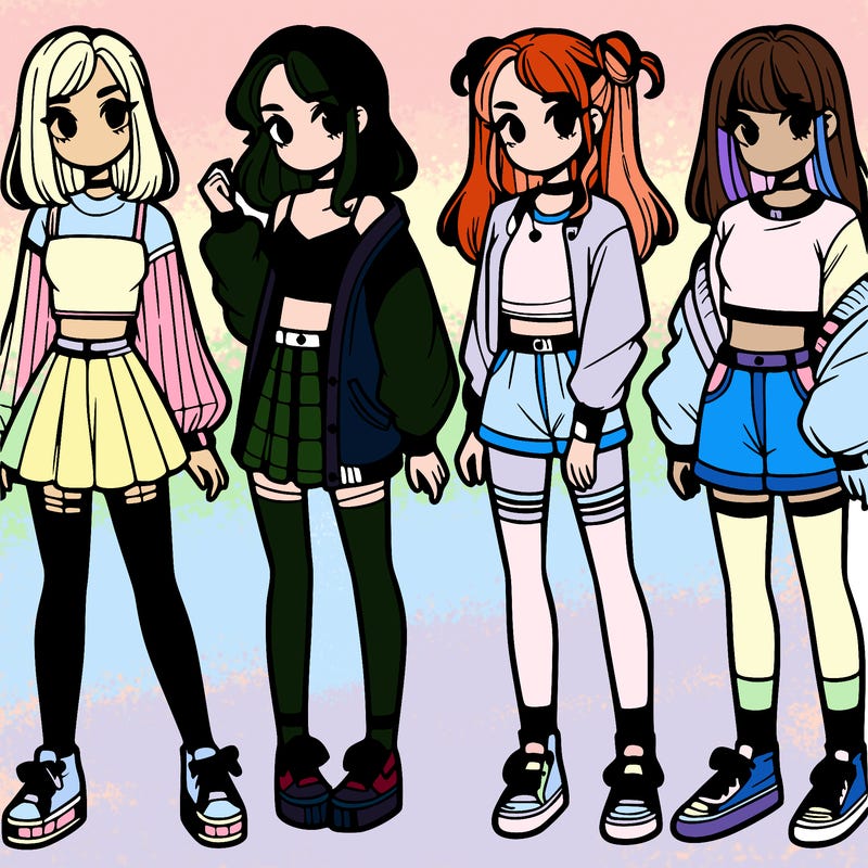 one girl with crop-top shirt and a jacket with a skirt, long socks and another girl with a shirt and pants with a jacket