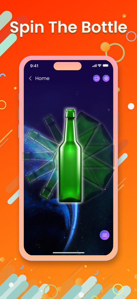 Interface de la fonction Spin the Bottle montrant une bouteille verte en rotation sur un fond à thème galactique