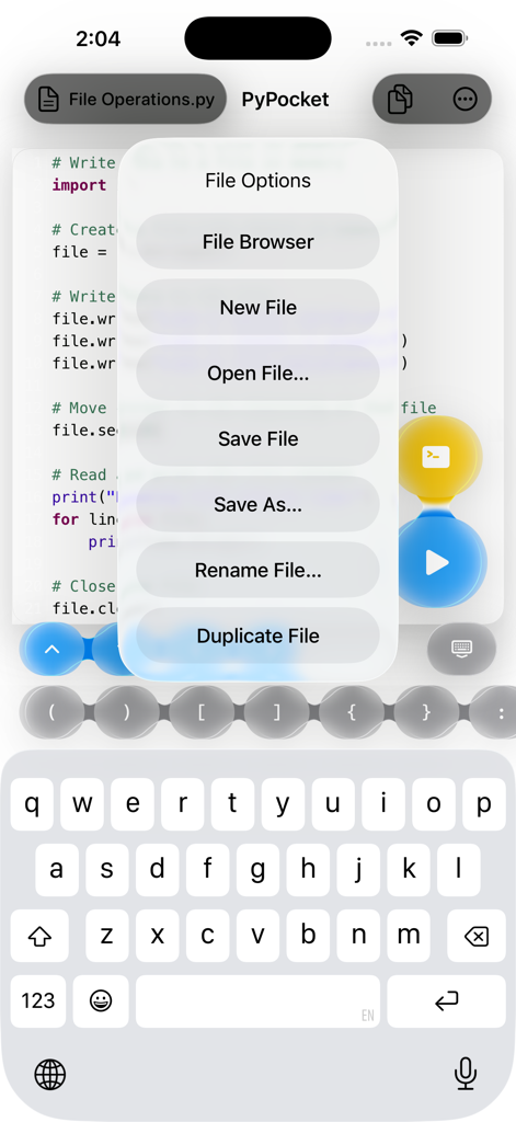 PyPocket Python code editor on iPhone showing a file options menu with features like save open and duplicate file