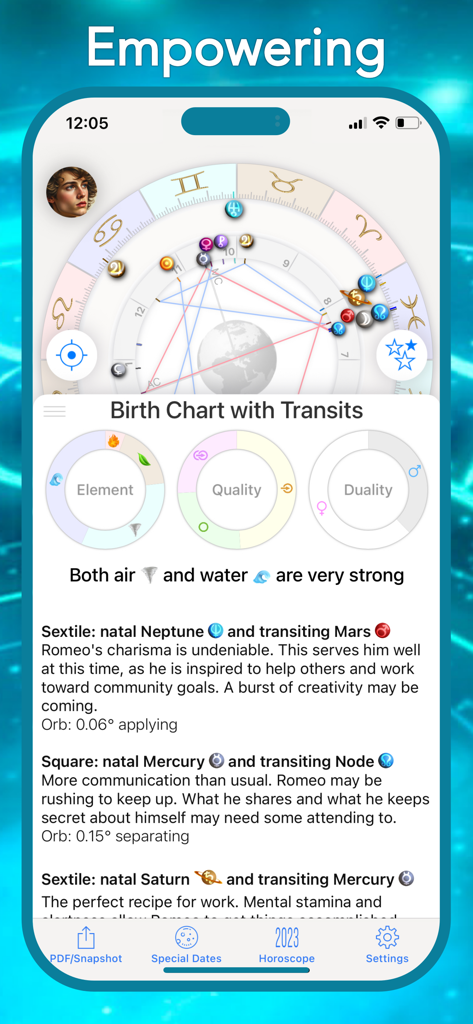 Interface do aplicativo Astro Future mostrando um mapa astral detalhado com trânsitos e percepções astrológicas.