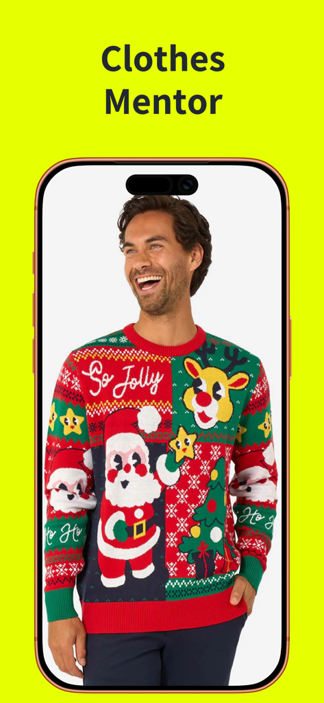 AI Clothes Changer: Outfi AI - Outfi AI 앱을 사용하여 산타 및 순록 그래픽이 있는 축제 크리스마스 스웨터를 가상으로 착용하는 남성
