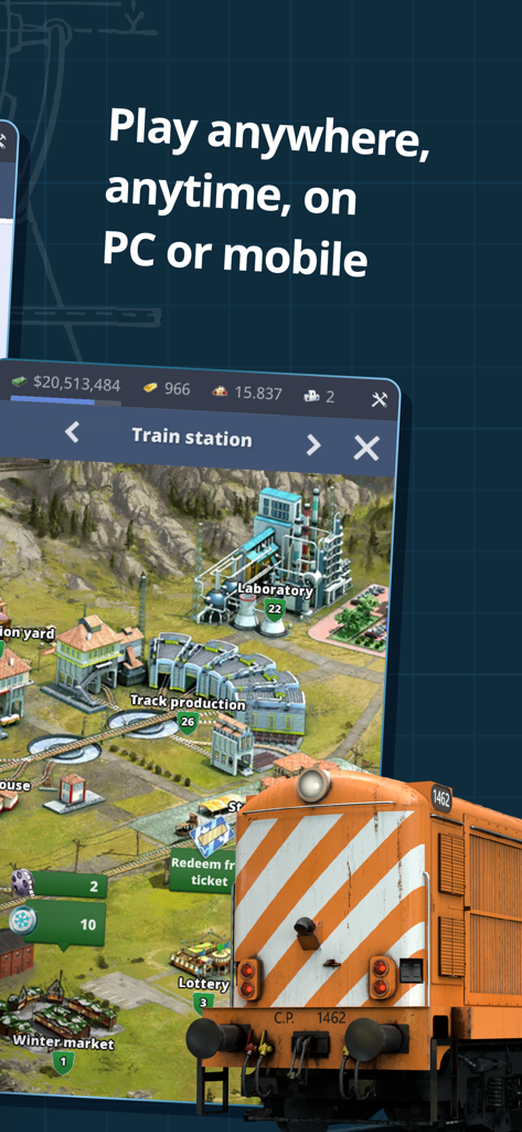 Rail Nation - Rail Nation game screenshot showing a train station and locomotive with cross-platform play information