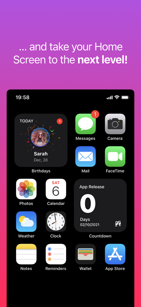 iPhone home screen displaying aesthetic birthday reminder and countdown widgets