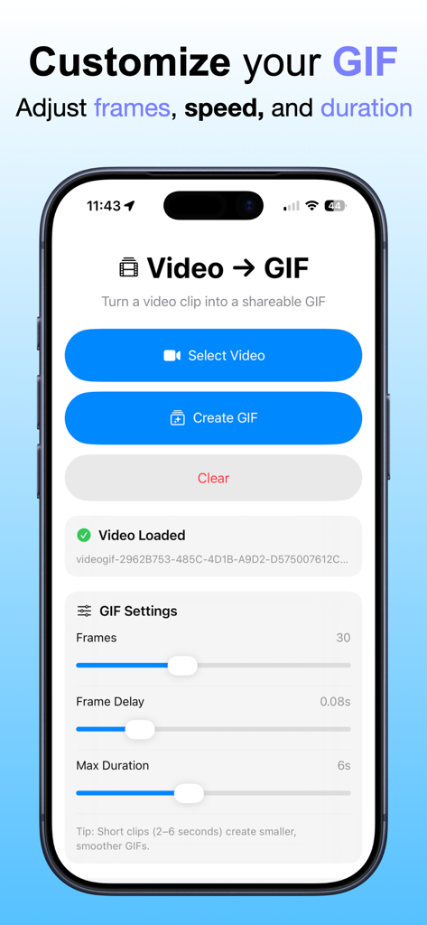 Make GIFs from Video - Schermata dell'app per iPhone che mostra le impostazioni delle GIF per regolare frame, ritardo tra i frame e durata con slider.