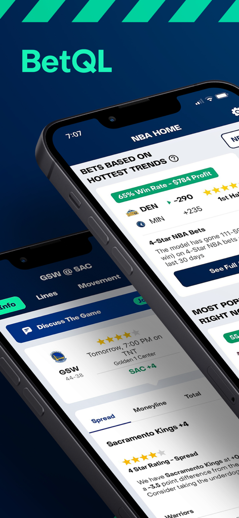 BetQL - Sports Betting - BetQL mobile app showing NBA betting trends and star ratings for game picks